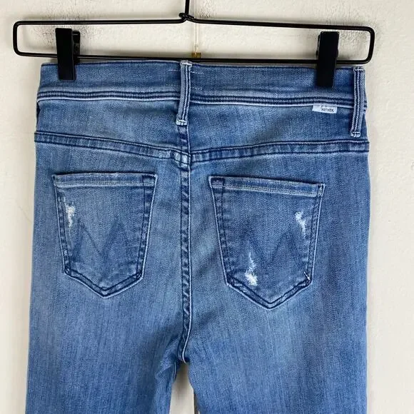 🛑SOLD🛑 Mother The Weekender Fray Jeans Size 25 Graffiti Girl Blue Mid Rise Flare - Picture 9 of 14